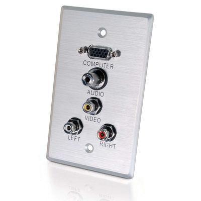 Single Gang HD15 VGA (Top), 3.5mm, Composite Video, Stereo Audio Wall Plate - Brushed Aluminum