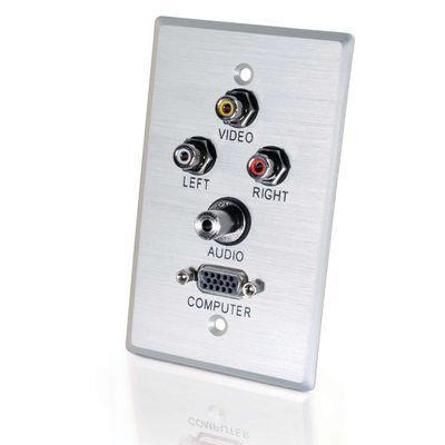 Single Gang HD15 VGA (Bottom), 3.5mm, Composite Video, Stereo Audio Wall Plate - Brushed Aluminum
