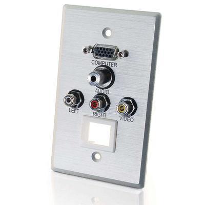 Single Gang HD15 VGA, 3.5mm, Composite Video, Stereo Audio, Keystone Wall Plate - Brushed Aluminum