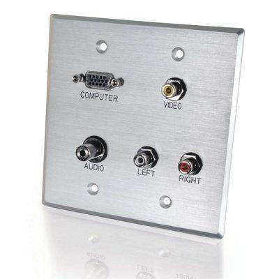Double Gang HD15 VGA, 3.5mm, Composite Video, Stereo Audio Wall Plate - Brushed Aluminum