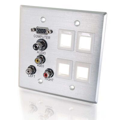 Double Gang HD15 VGA, 3.5mm, Composite Video, Stereo Audio, Keystone Wall Plate - Brushed Aluminum