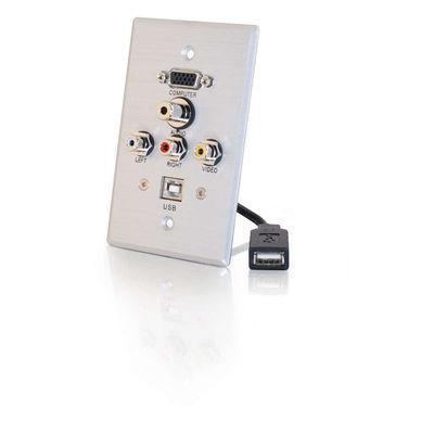 Single Gang HD15, 3.5mm, RCA A/V, USB Wall Plate - Brushed Aluminum