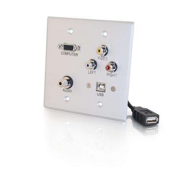 Double Gang HD15, 3.5mm, RCA A/V, USB Wall Plate - Brushed Aluminum