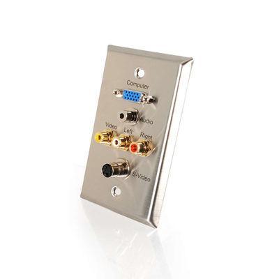 Single Gang HD15 VGA, 3.5mm, S-Video, RCA Audio/Video Wall Plate - Stainless Steel