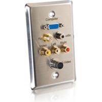 Single Gang HD15 VGA, F-Type, 3.5mm, S-Video, RCA Audio/Video Wall Plate - Stainless Steel
