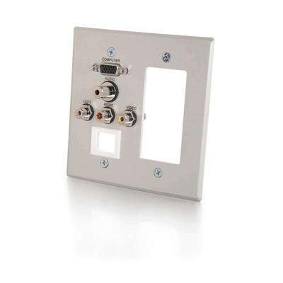 Double Gang HD15, 3.5mm, RCA Audio/Video, Keystone, Decora(R)-Style Cut-Out Wall Plate - Brushed Aluminum