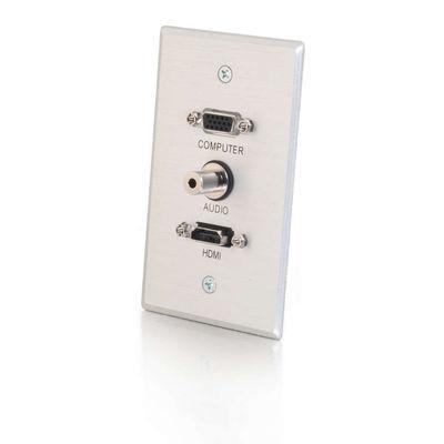 Single Gang HDMI, HD15 VGA, and 3.5mm Wall Plate - Brushed Aluminum